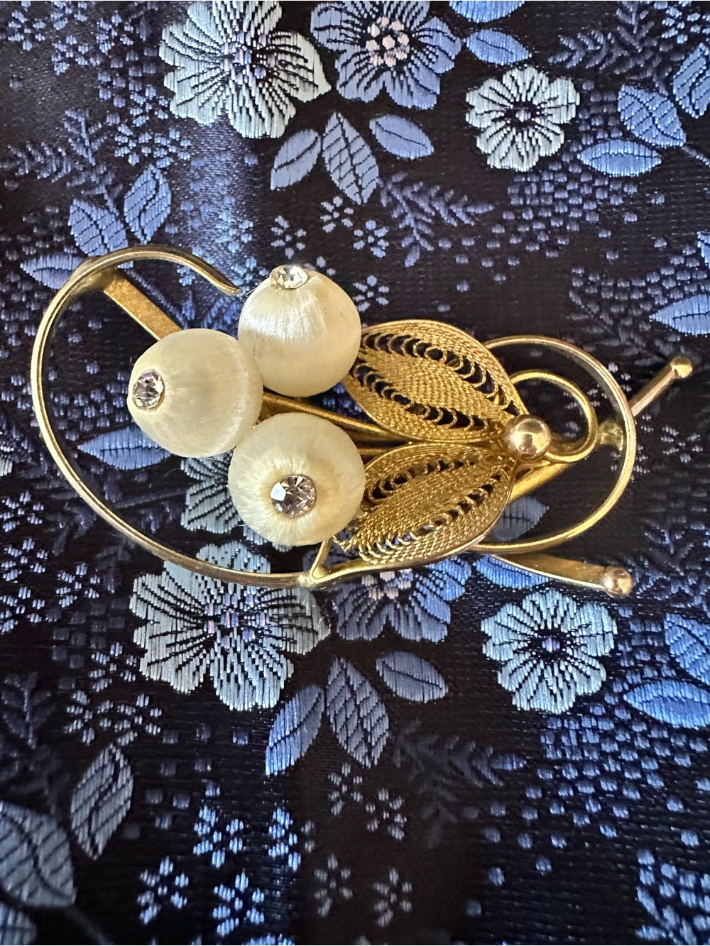 Source Unknown Gold Floral Brooch with Cream Satin Beads and Rhinestones
